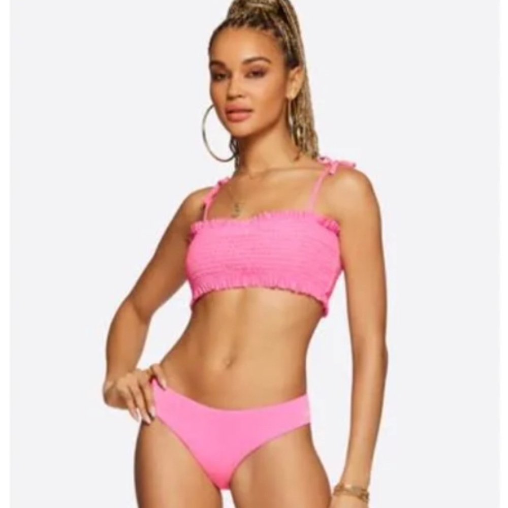 Jessica Simpson Glitter Bomb Smocked Bandeau Bikini Top and Hipster Bottoms, M